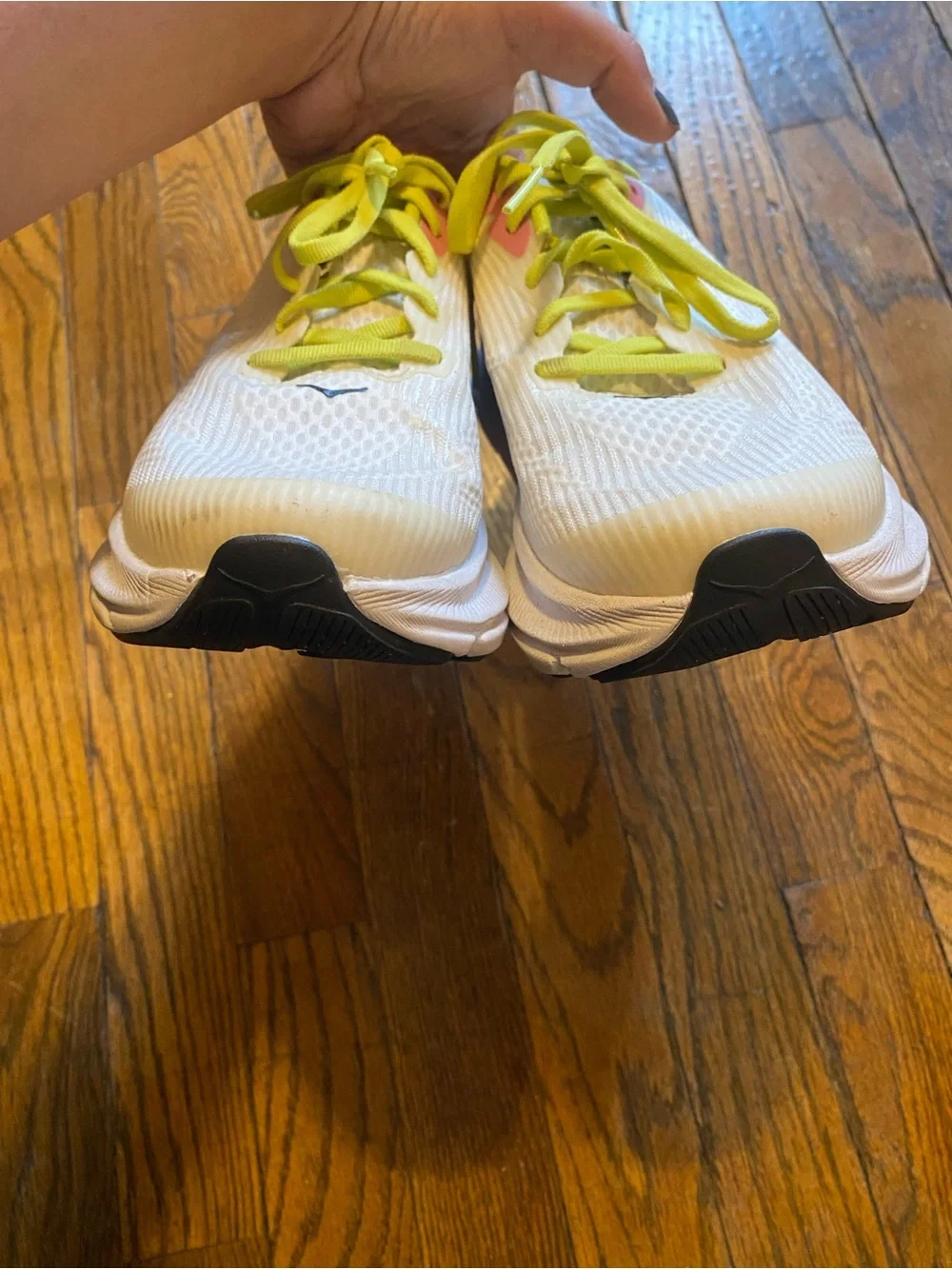 Hoka White Athletic Shoes with Blue Gradient and Neon Yellow Laces